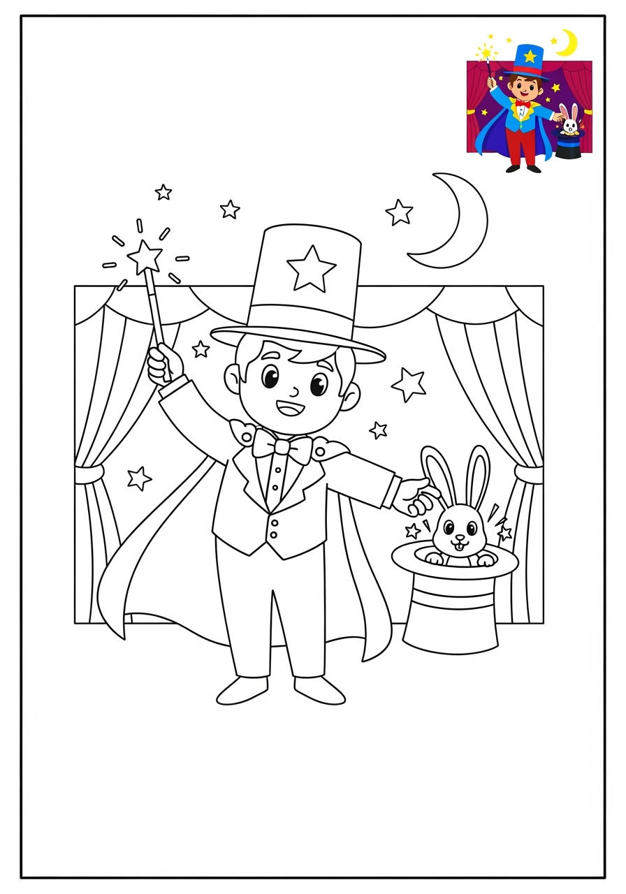 medium people and professions Nghệ Sĩ & Diễn Viên magician kids coloring page 1