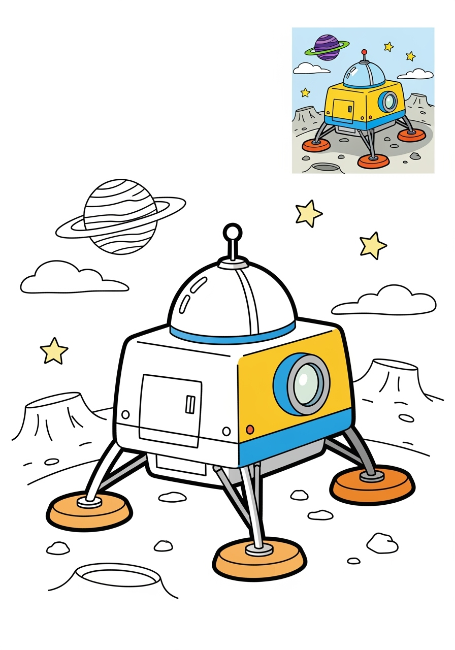 medium space and astronomy Spacecraft lander kids coloring page 1