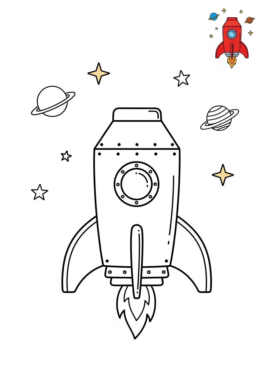 medium space and astronomy Spacecraft rocket kids coloring page 1
