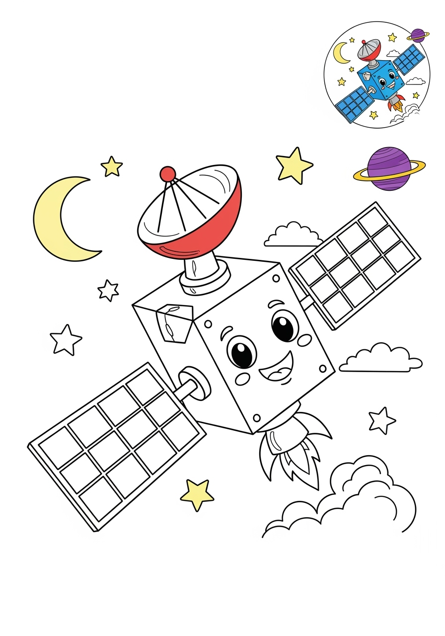 medium space and astronomy Spacecraft satellite kids coloring page 0