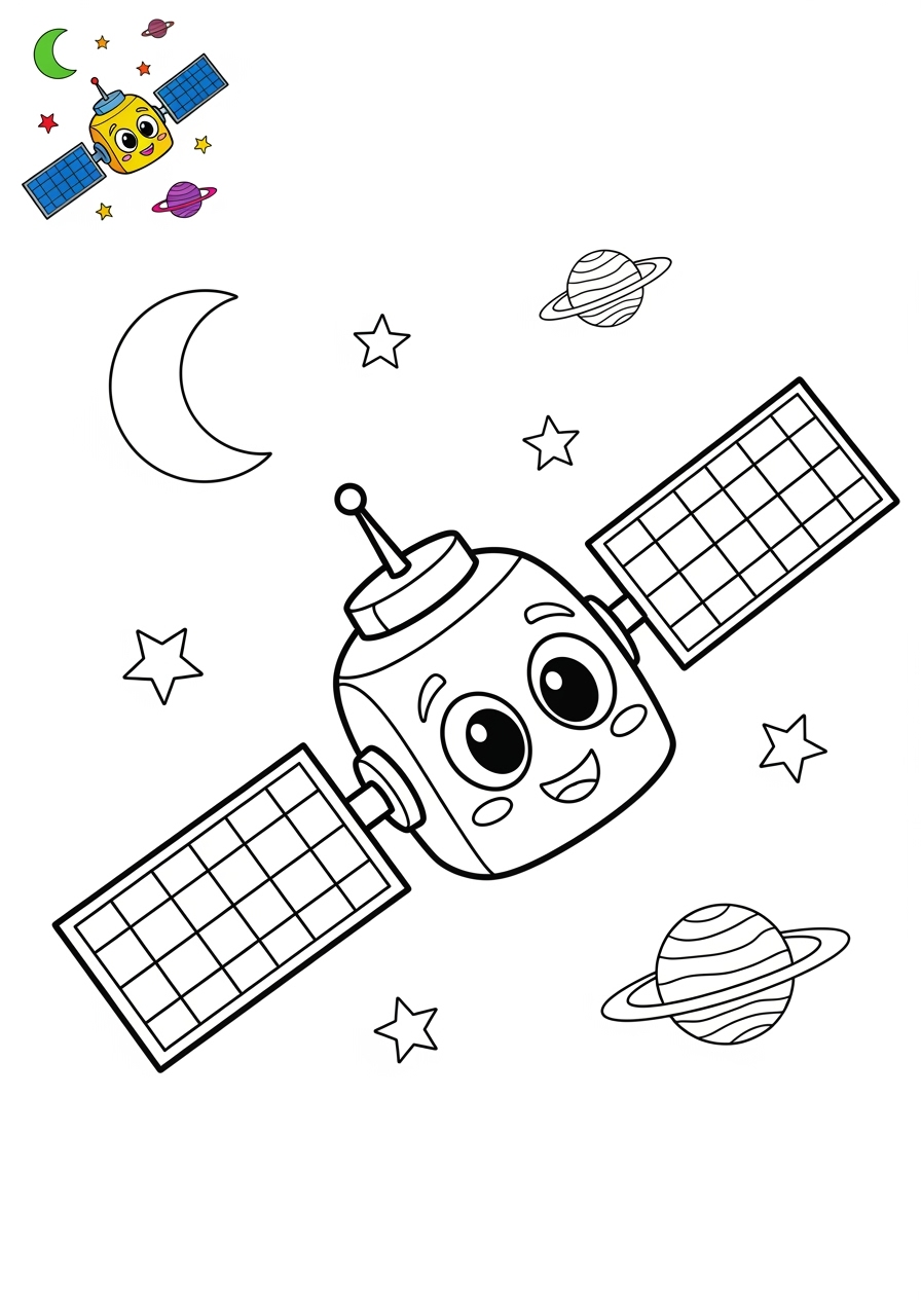 medium space and astronomy Spacecraft satellite kids coloring page 1