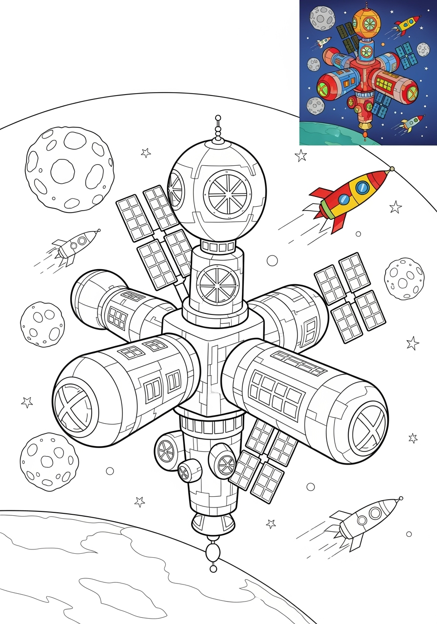 medium space and astronomy Spacecraft space station kids coloring page 0