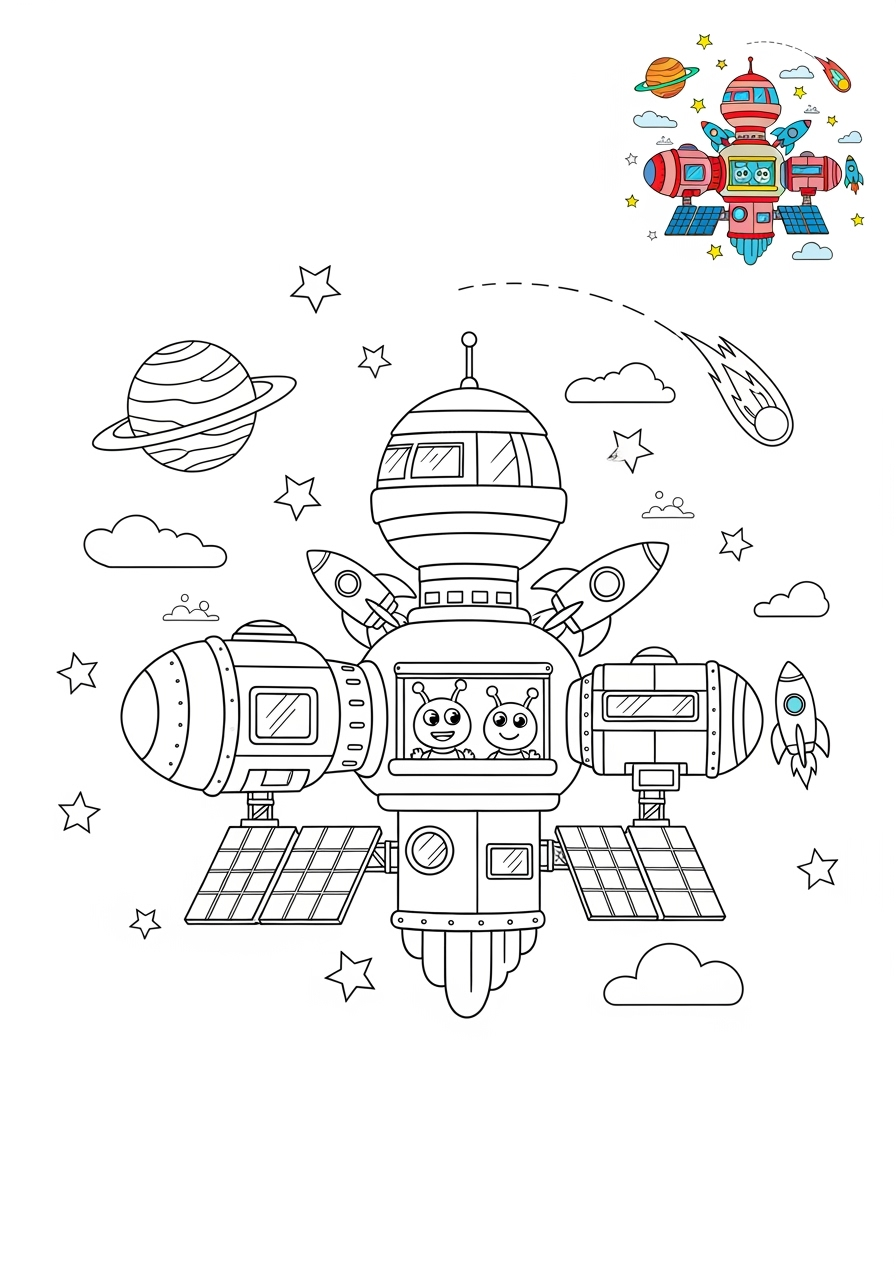 medium space and astronomy Spacecraft space station kids coloring page 1