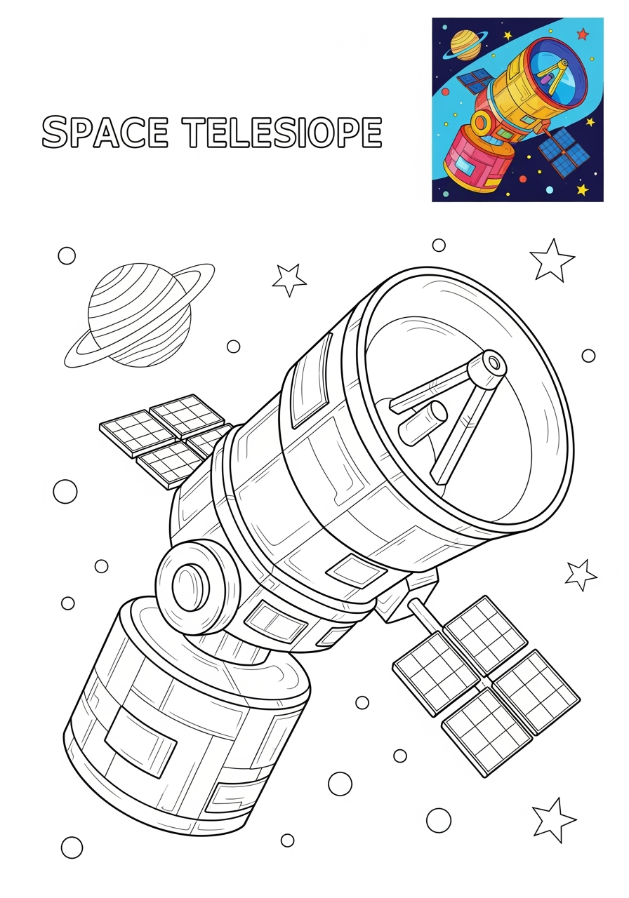 medium space and astronomy Spacecraft space telescope kids coloring page 1