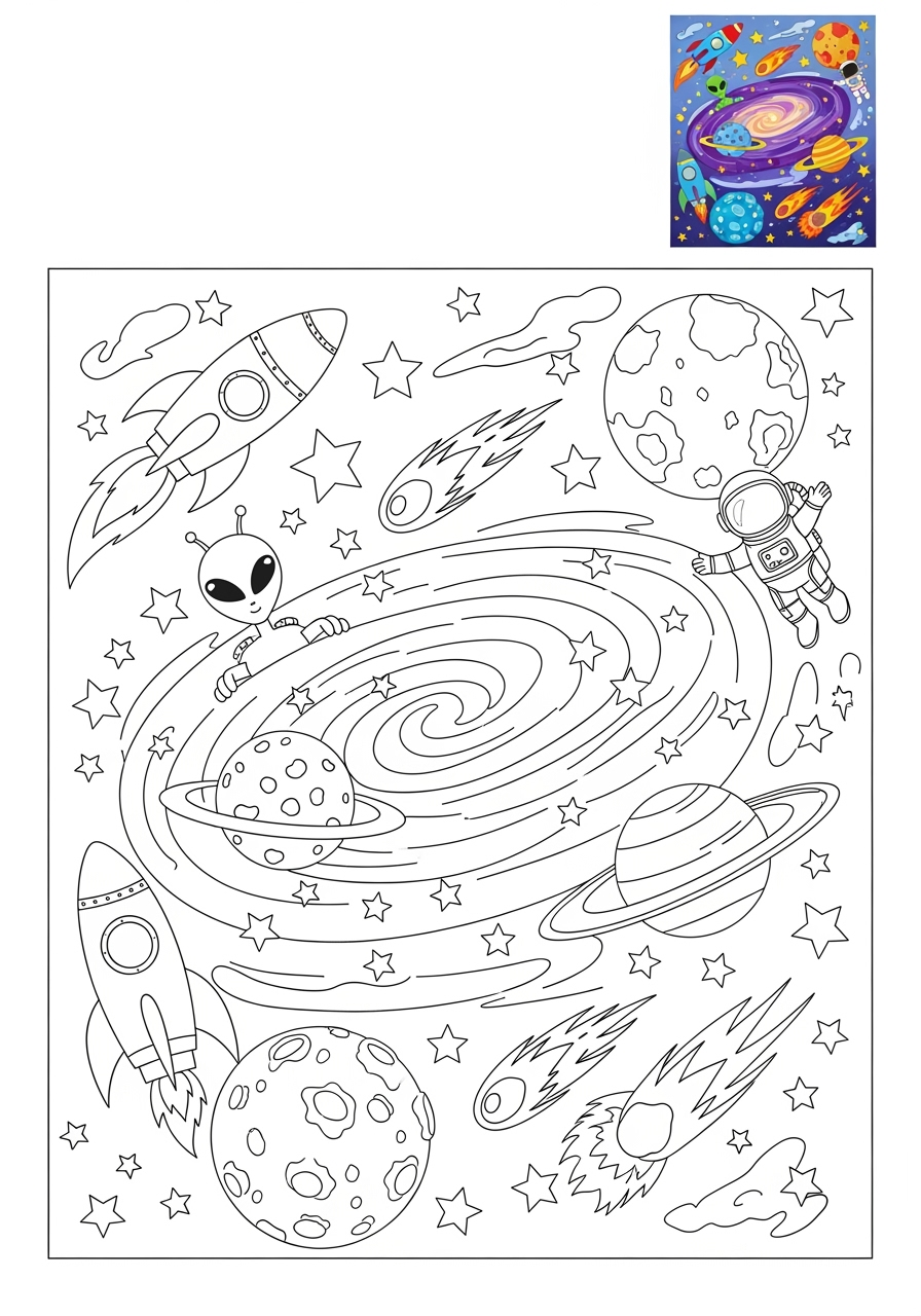 medium space and astronomy Celestial Bodies galaxy kids coloring page 1