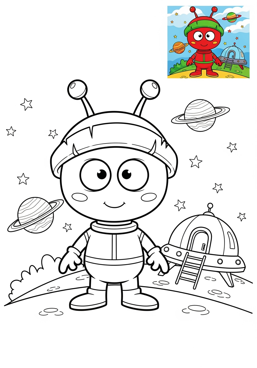 medium space and astronomy Astronaut & Aliens martian kids coloring page 0