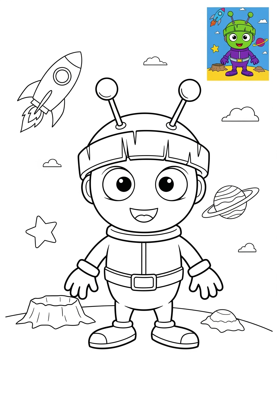 medium space and astronomy Astronaut & Aliens martian kids coloring page 1