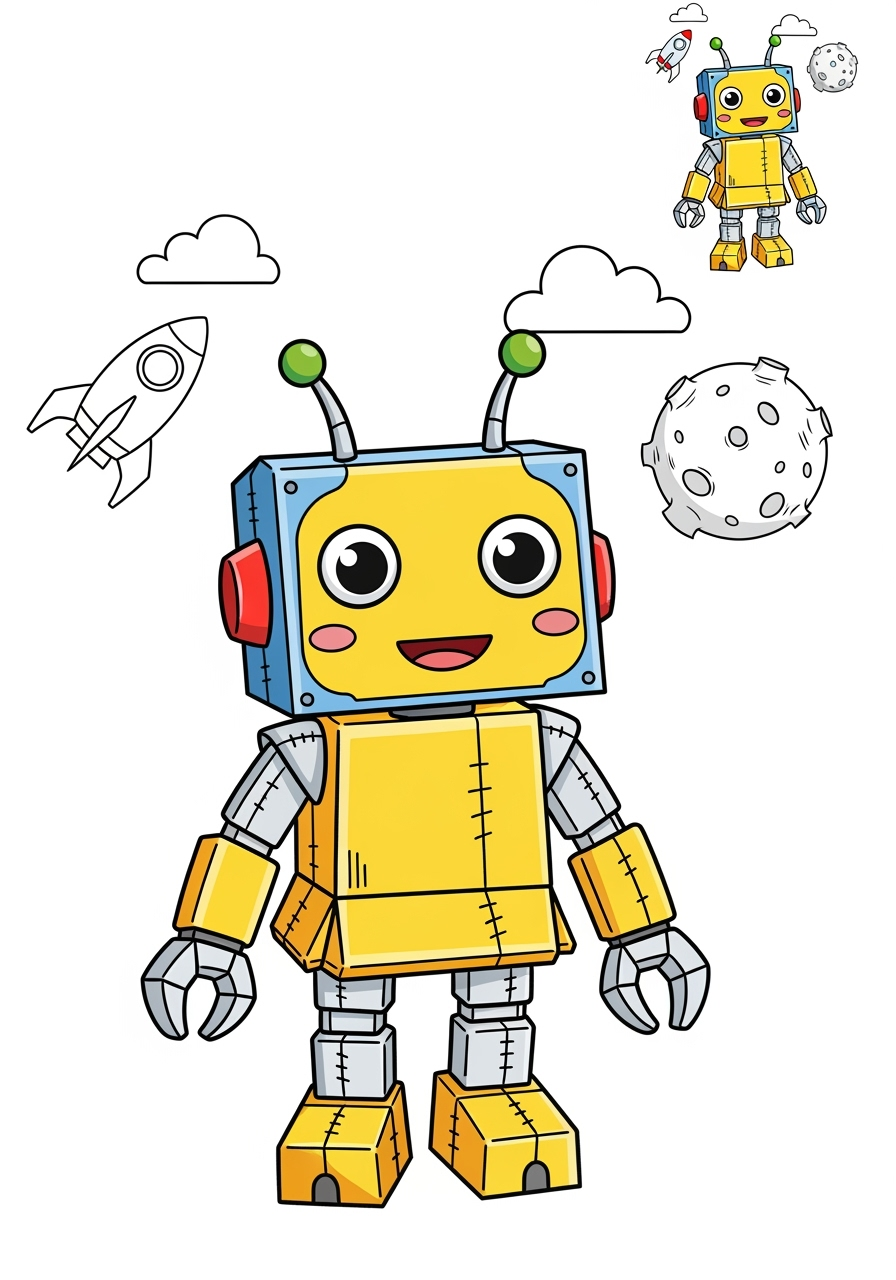 medium space and astronomy Astronaut & Aliens robot alien kids coloring page 1