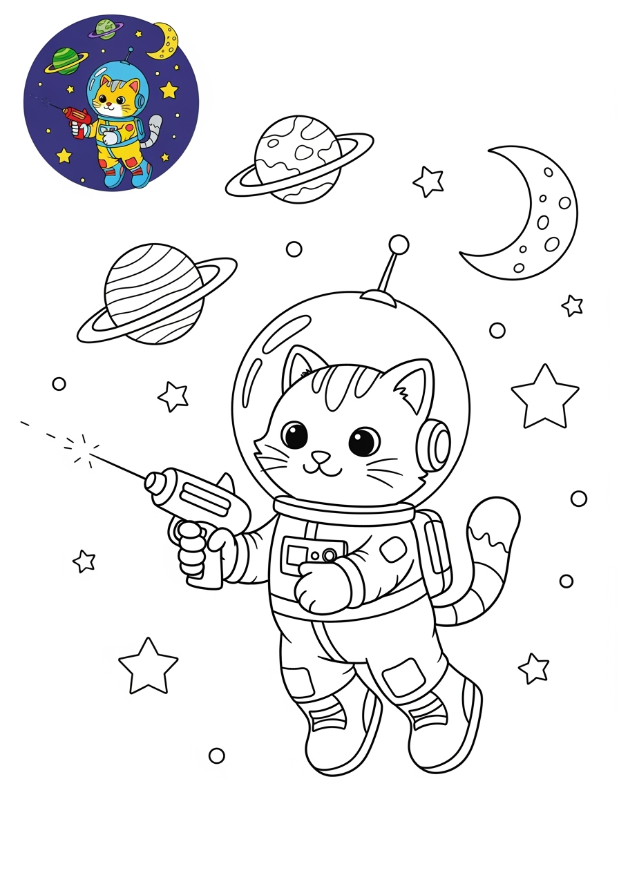 medium space and astronomy Astronaut & Aliens space cat kids coloring page 0