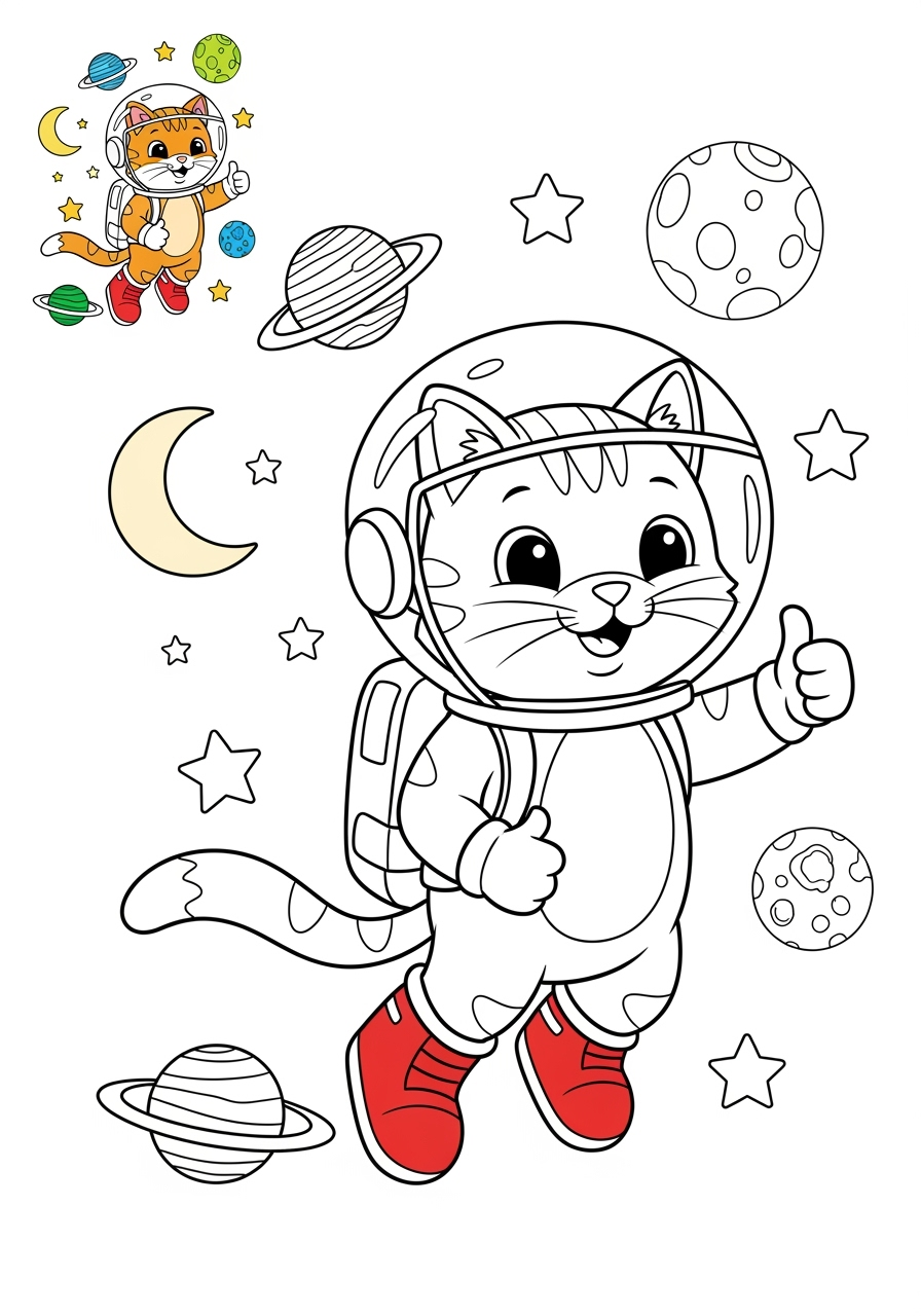 medium space and astronomy Astronaut & Aliens space cat kids coloring page 1