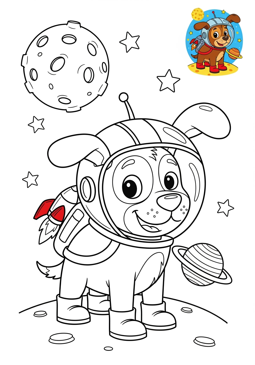 medium space and astronomy Astronaut & Aliens space dog kids coloring page 0
