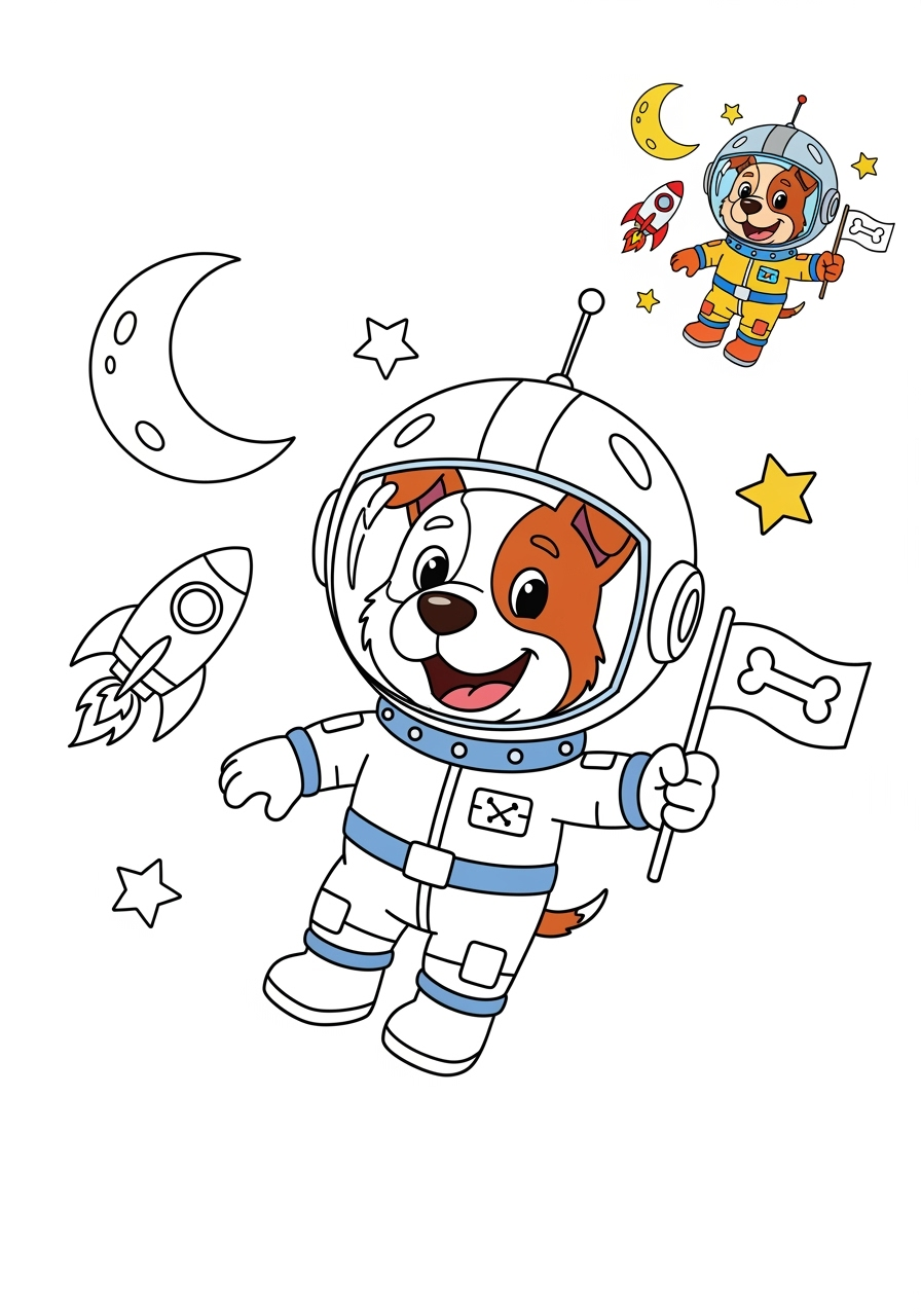 medium space and astronomy Astronaut & Aliens space dog kids coloring page 1