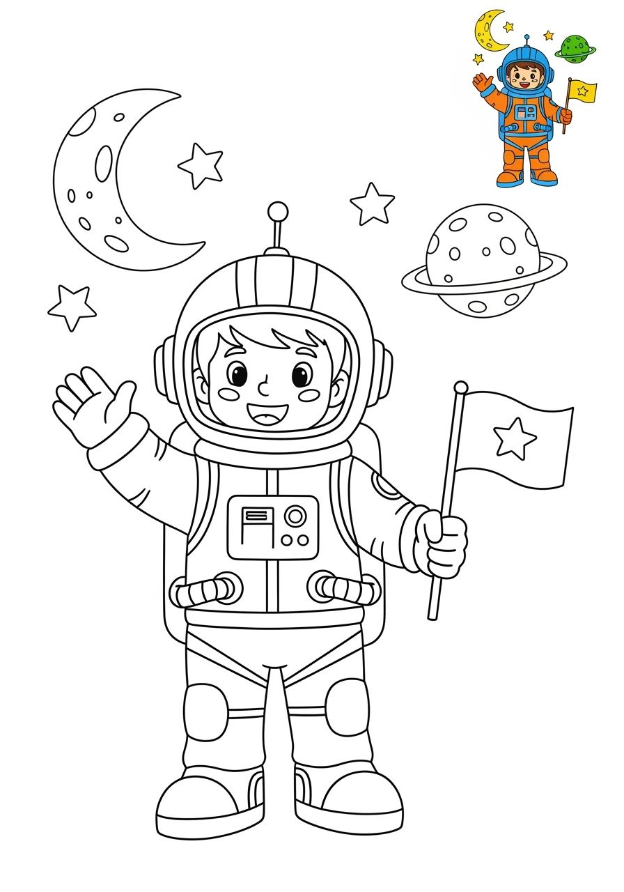 medium space and astronomy Astronaut & Aliens space explorer kids coloring page 0