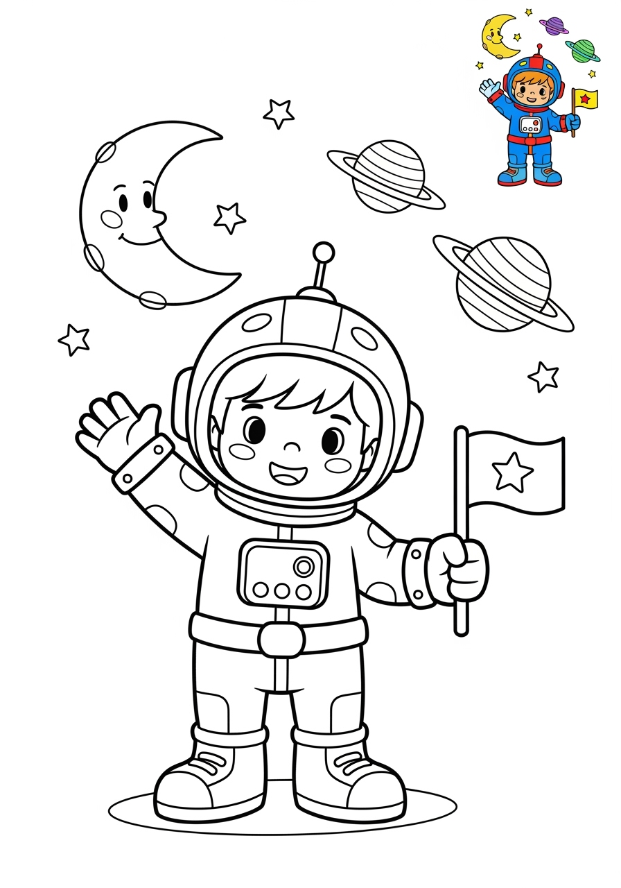medium space and astronomy Astronaut & Aliens space explorer kids coloring page 1