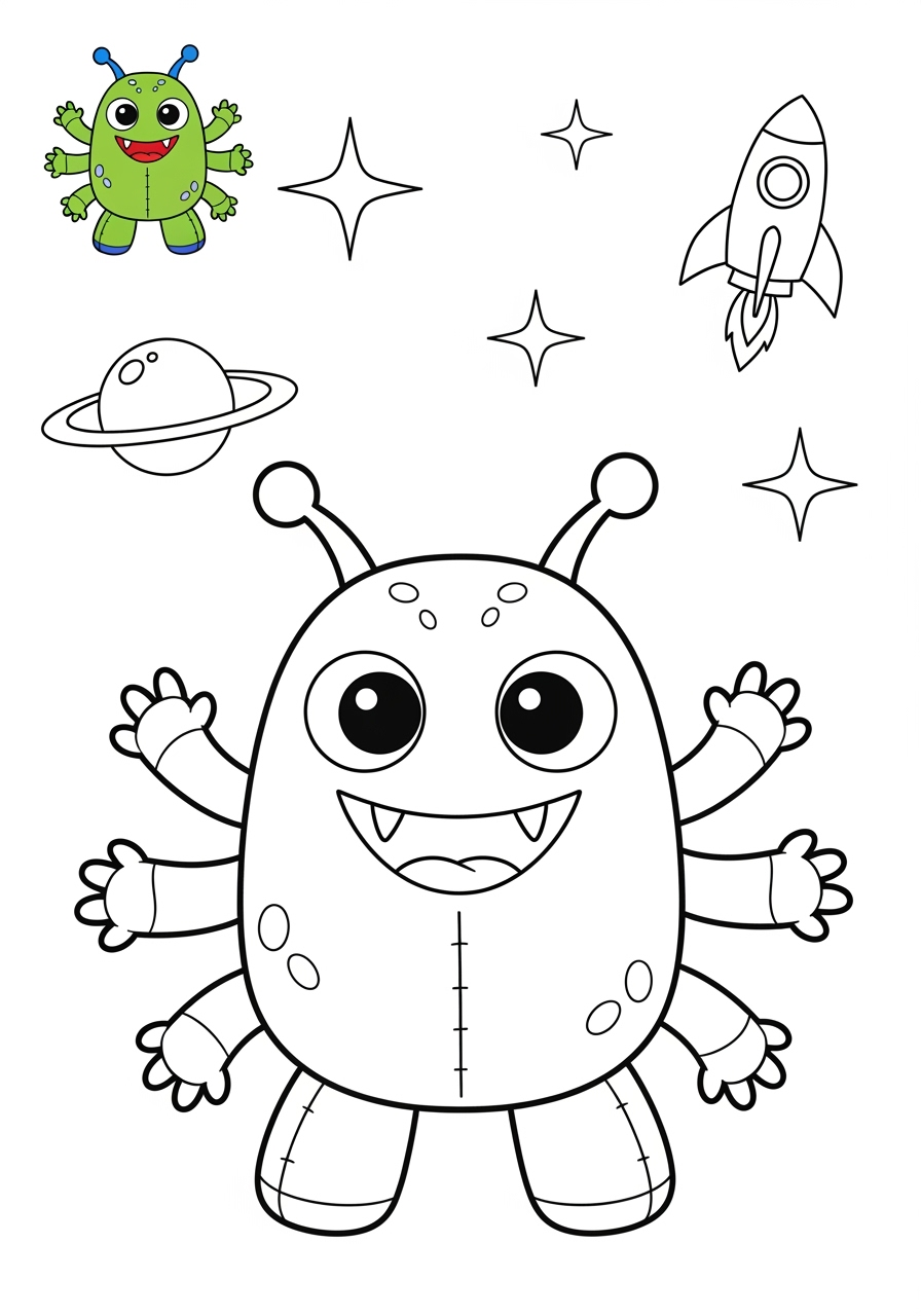 medium space and astronomy Astronaut & Aliens space monster kids coloring page 0