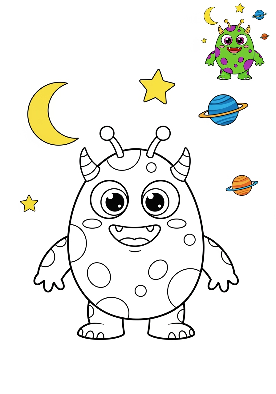medium space and astronomy Astronaut & Aliens space monster kids coloring page 1