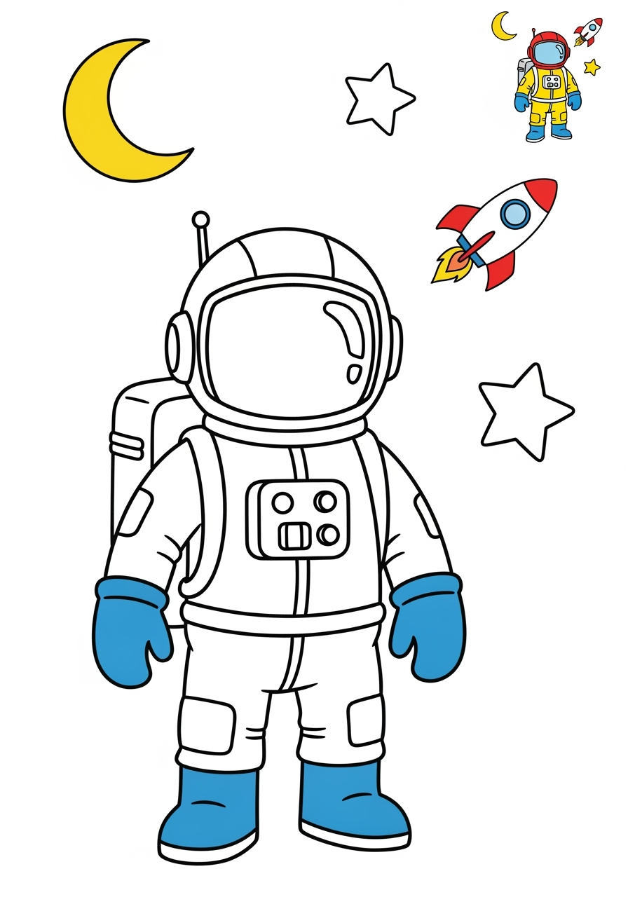 medium space and astronomy Astronaut & Aliens spacesuit kids coloring page 0