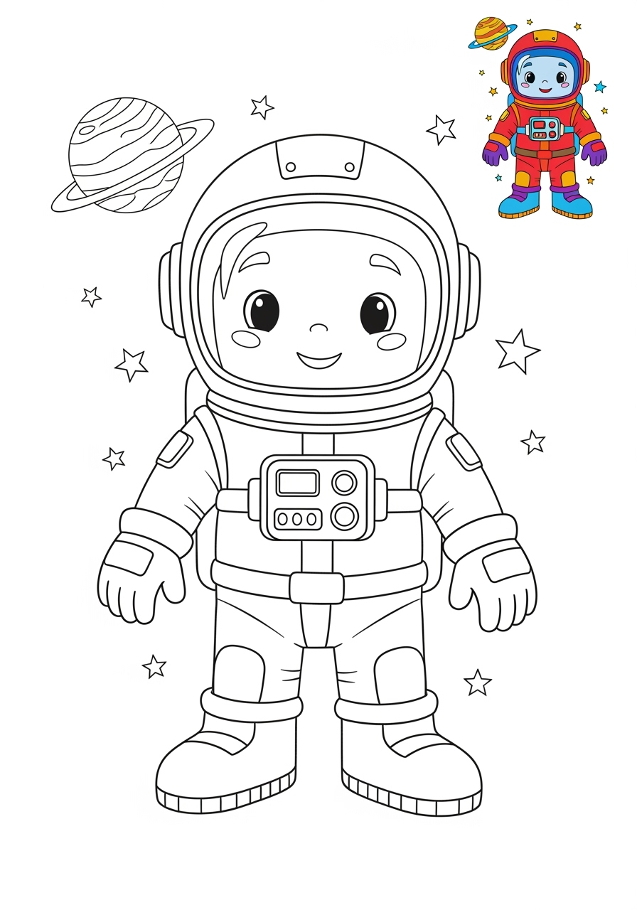 medium space and astronomy Astronaut & Aliens spacesuit kids coloring page 1