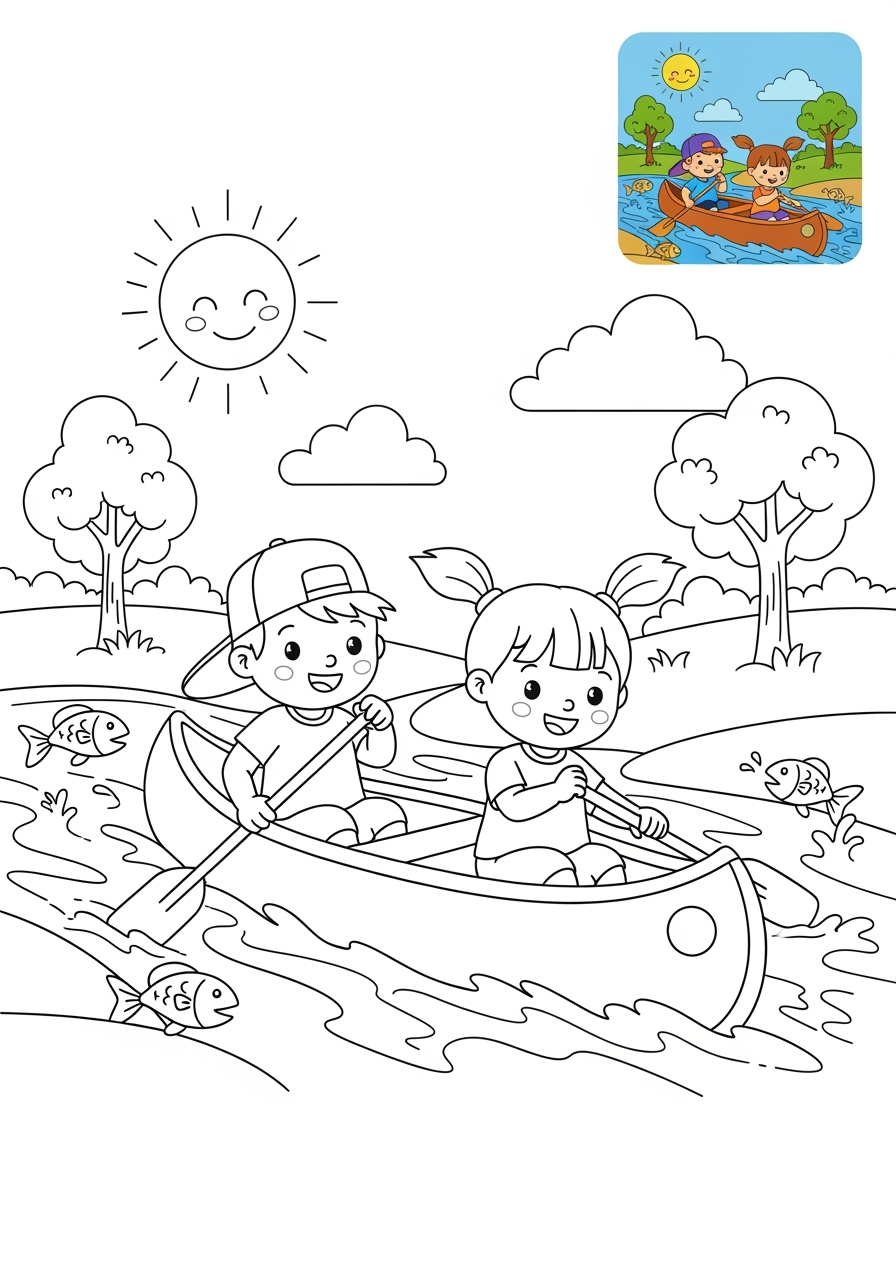 medium sports and activities Outdoor Activities canoeing kids coloring page 1