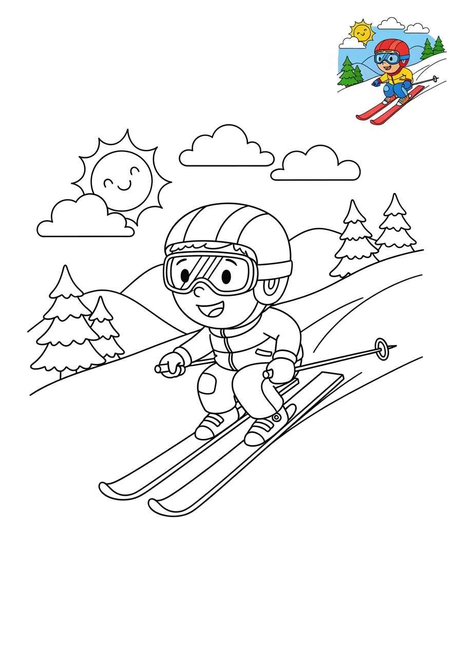 medium sports and activities Outdoor Activities skiing kids coloring page 1