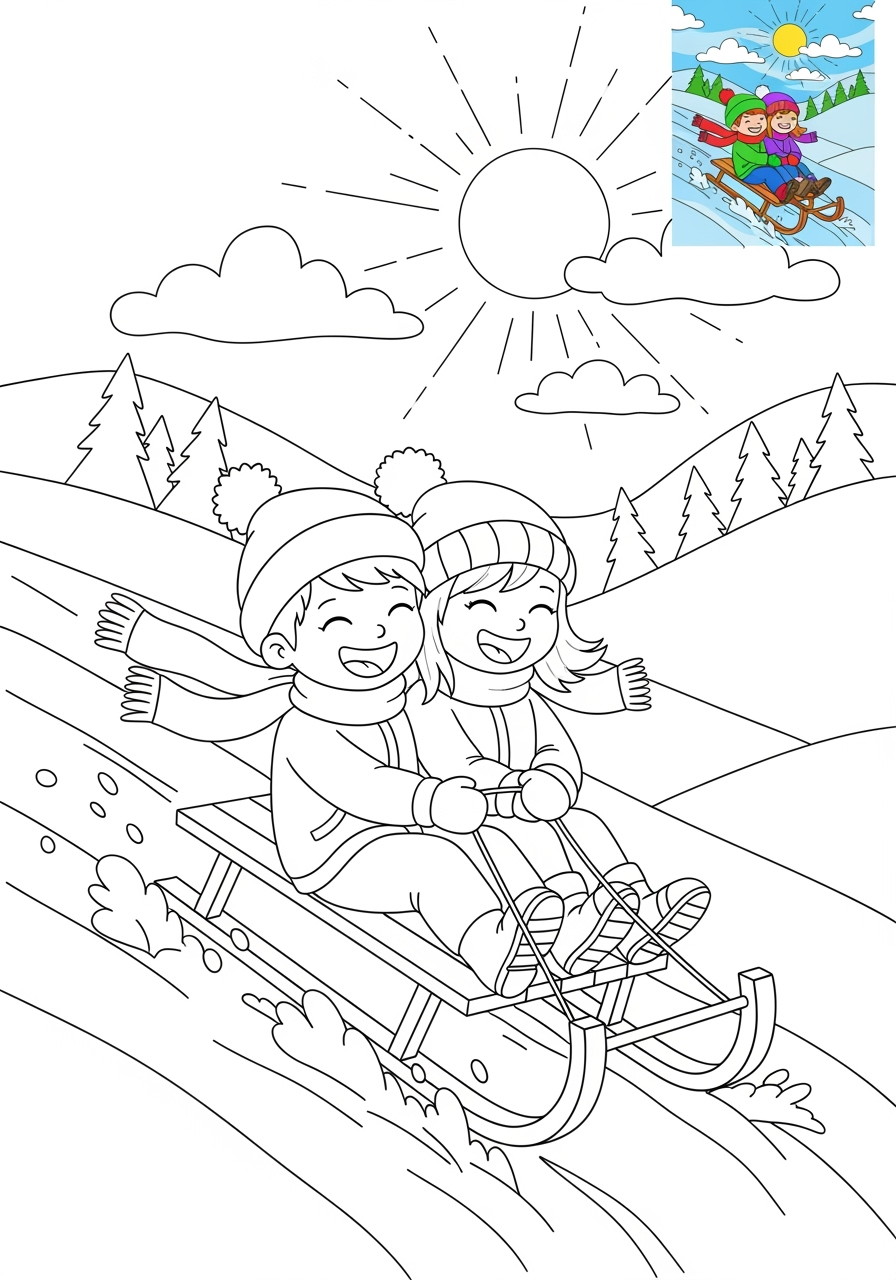 medium sports and activities Winter Sports sledding kids coloring page 1