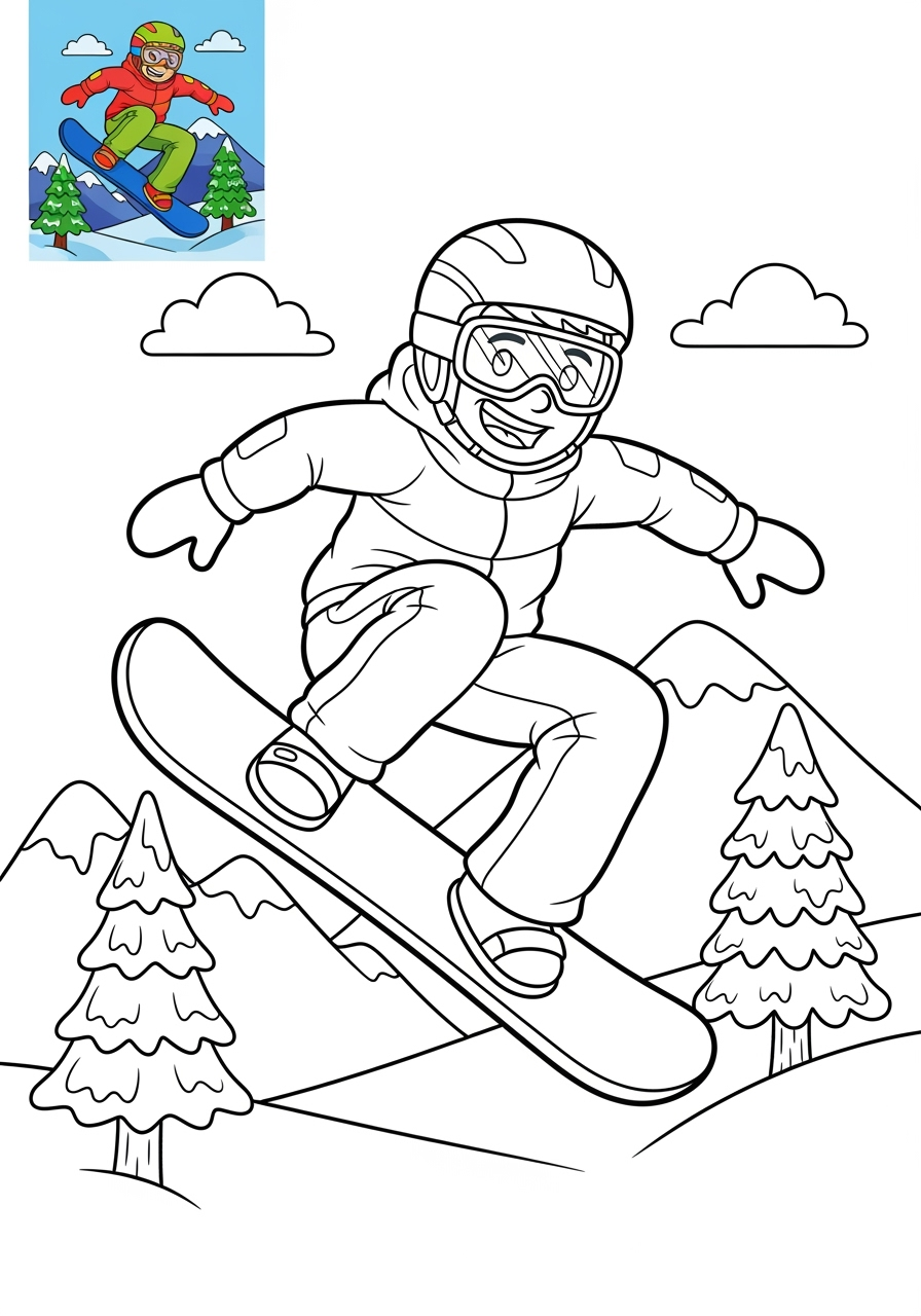 medium sports and activities Winter Sports snowboarding kids coloring page 0