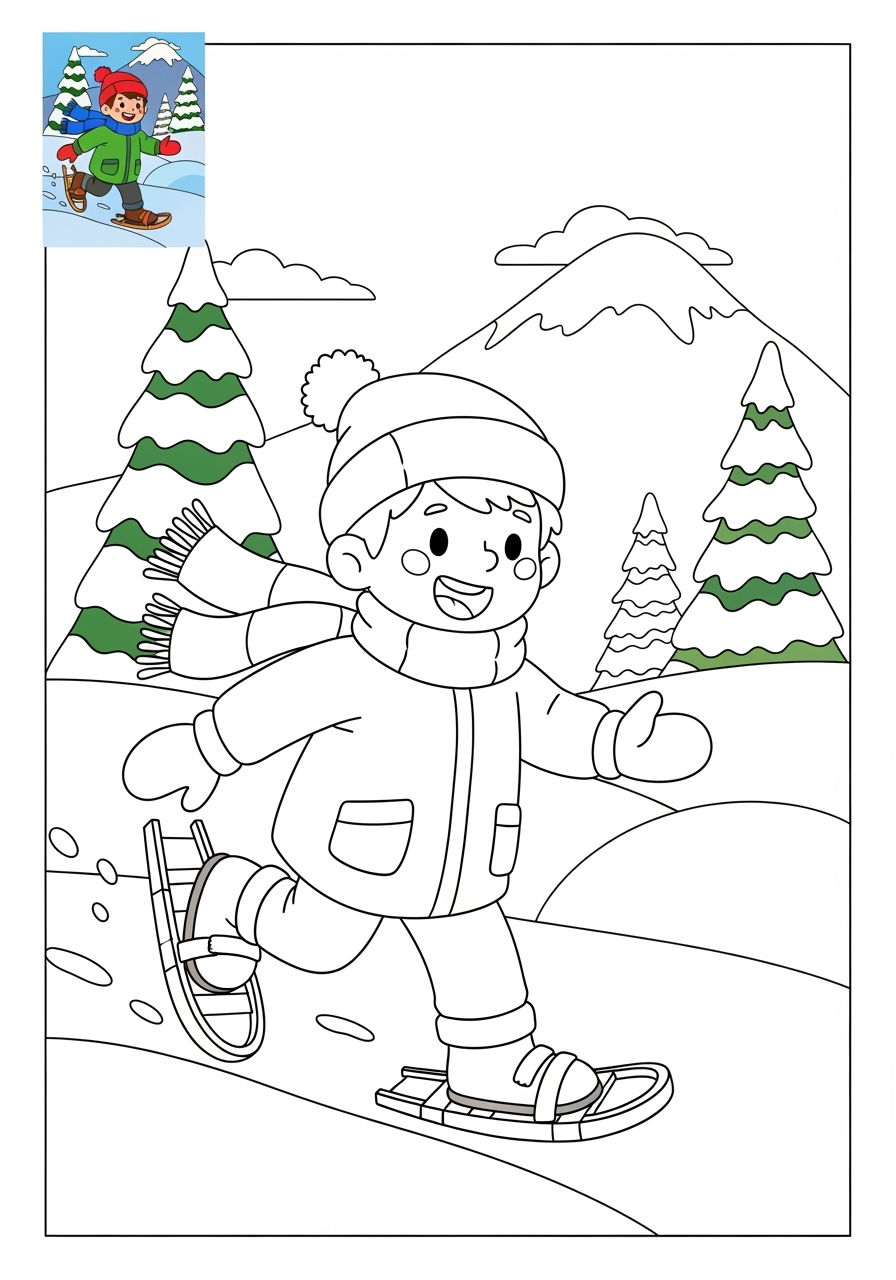 medium sports and activities Winter Sports snowshoeing kids coloring page 1