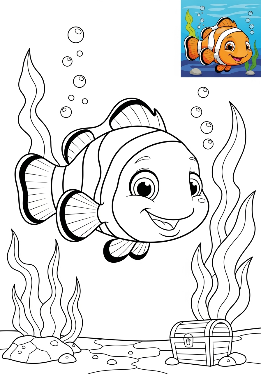 medium underwater and ocean Créatures Marines clownfish kids coloring page 0