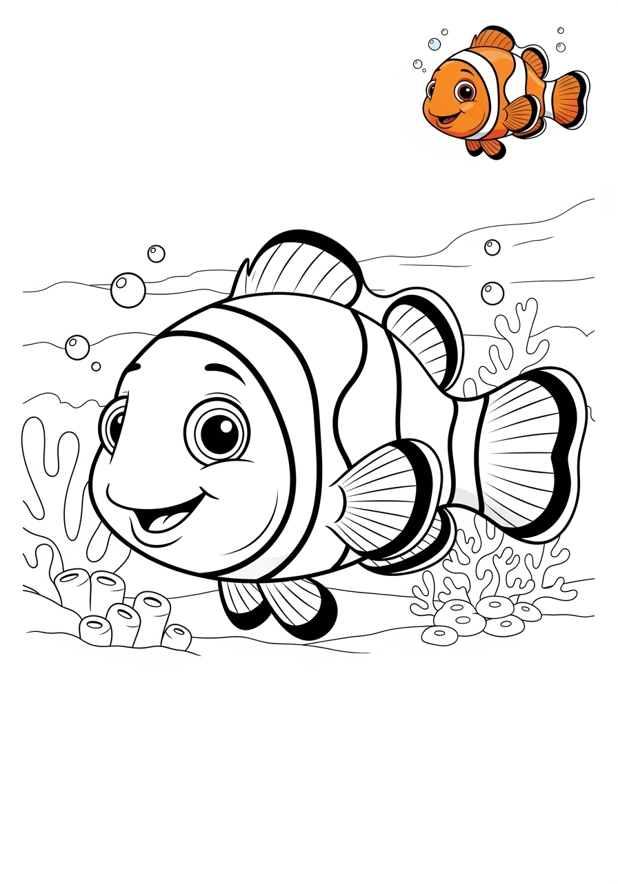 medium underwater and ocean Créatures Marines clownfish kids coloring page 1