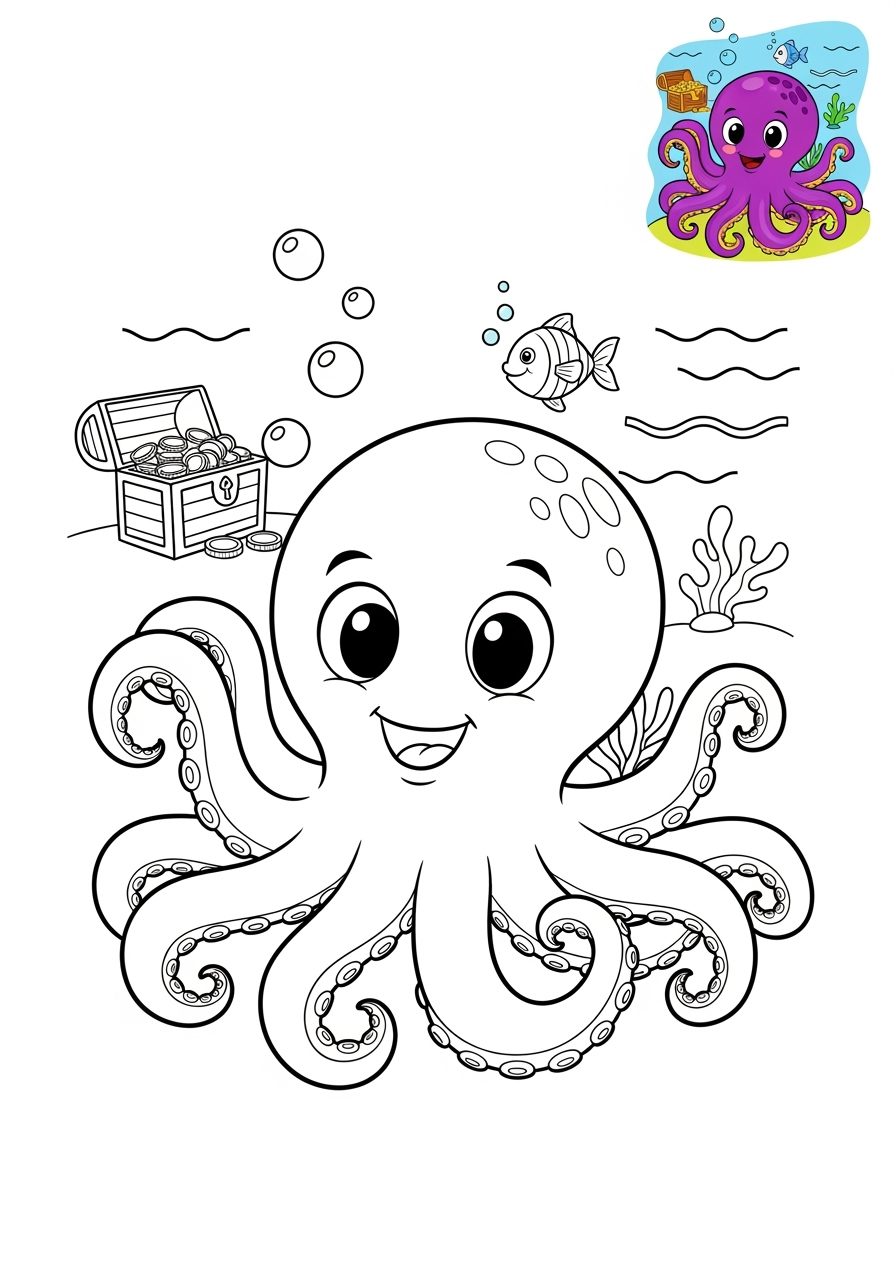 medium underwater and ocean Créatures Marines octopus kids coloring page 1