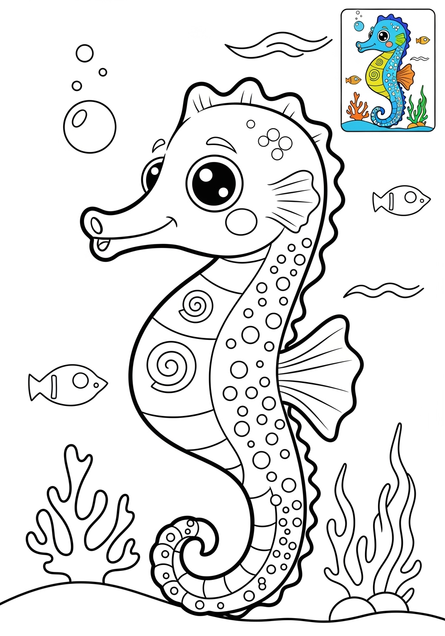 medium underwater and ocean Créatures Marines seahorse kids coloring page 0