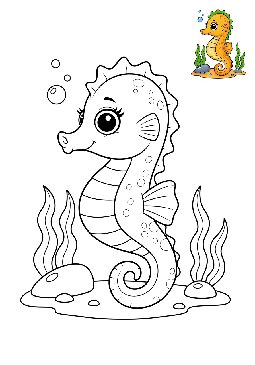 medium underwater and ocean Créatures Marines seahorse kids coloring page 1