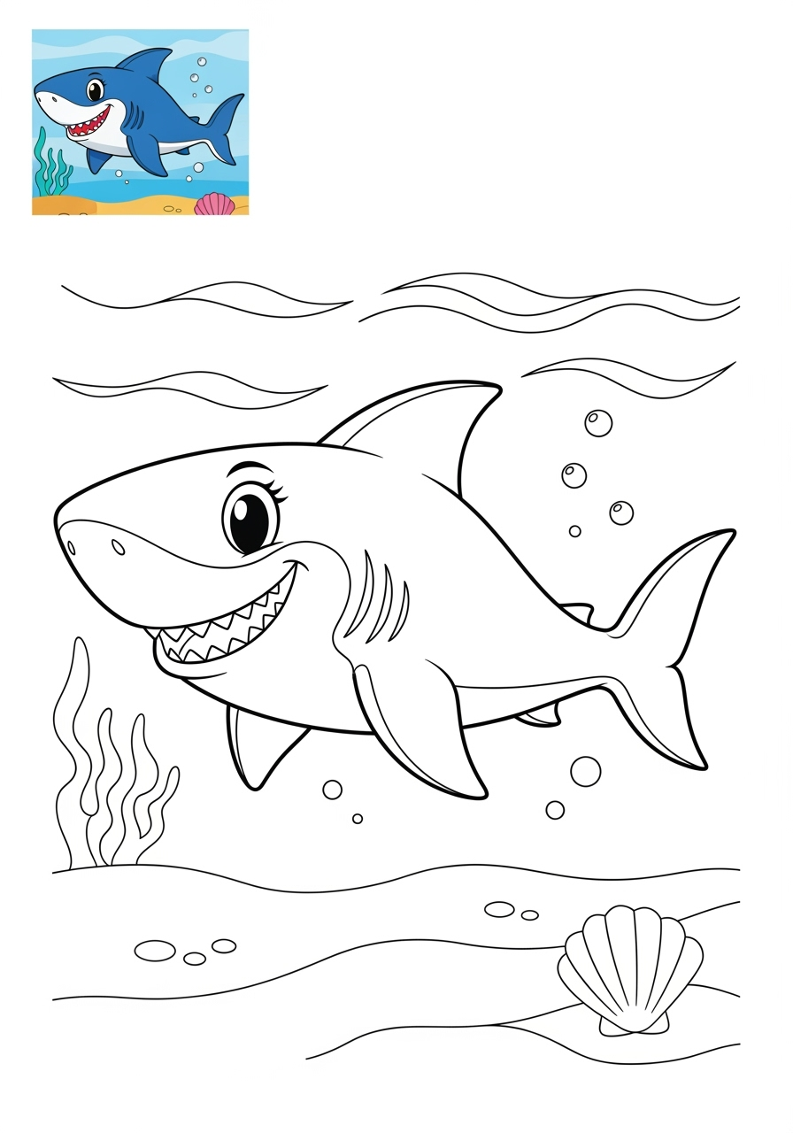 medium underwater and ocean Créatures Marines shark kids coloring page 1