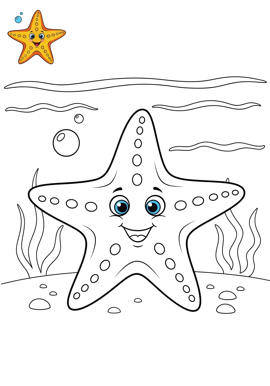 medium underwater and ocean Créatures Marines starfish kids coloring page 1