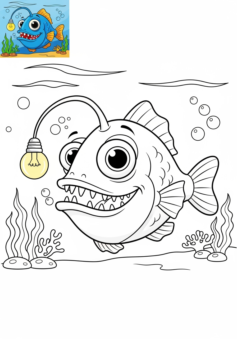 medium underwater and ocean Ocean Scenes anglerfish kids coloring page 1