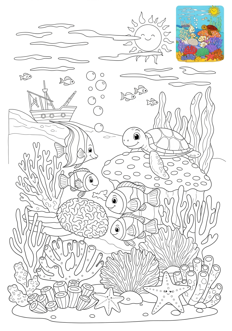 medium underwater and ocean Ocean Scenes coral reef kids coloring page 1