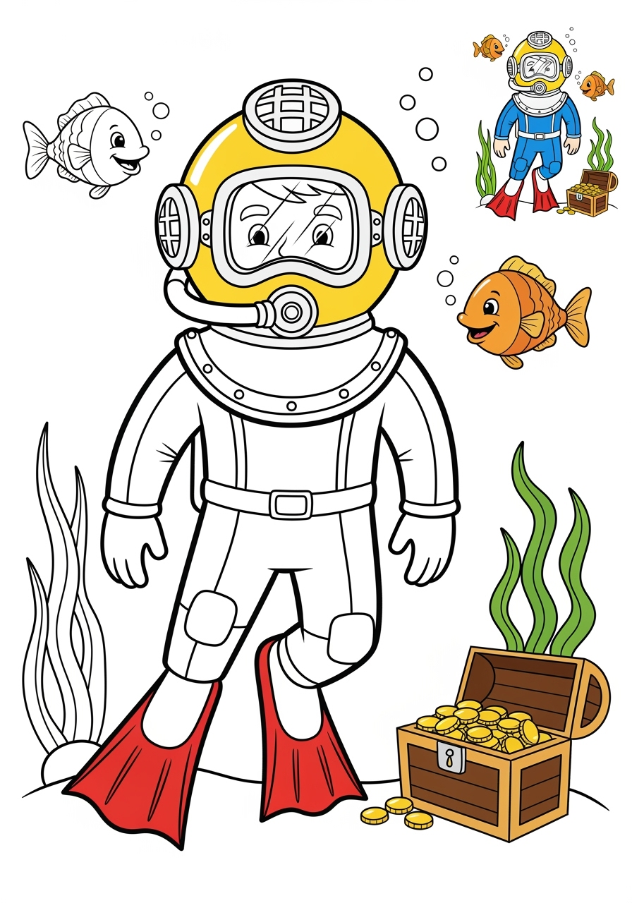 medium underwater and ocean Ocean Scenes diver kids coloring page 0