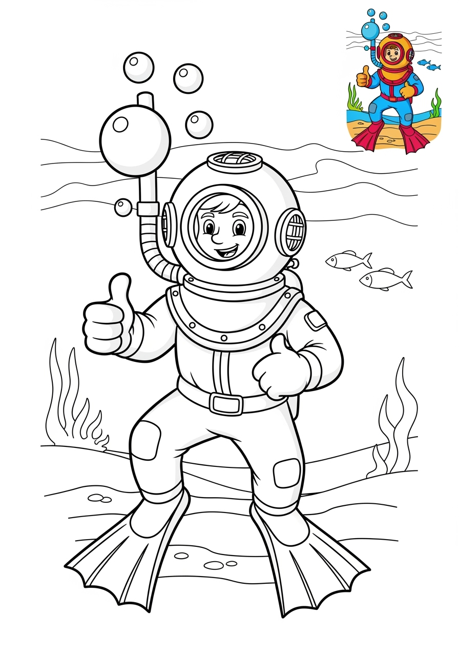 medium underwater and ocean Ocean Scenes diver kids coloring page 1