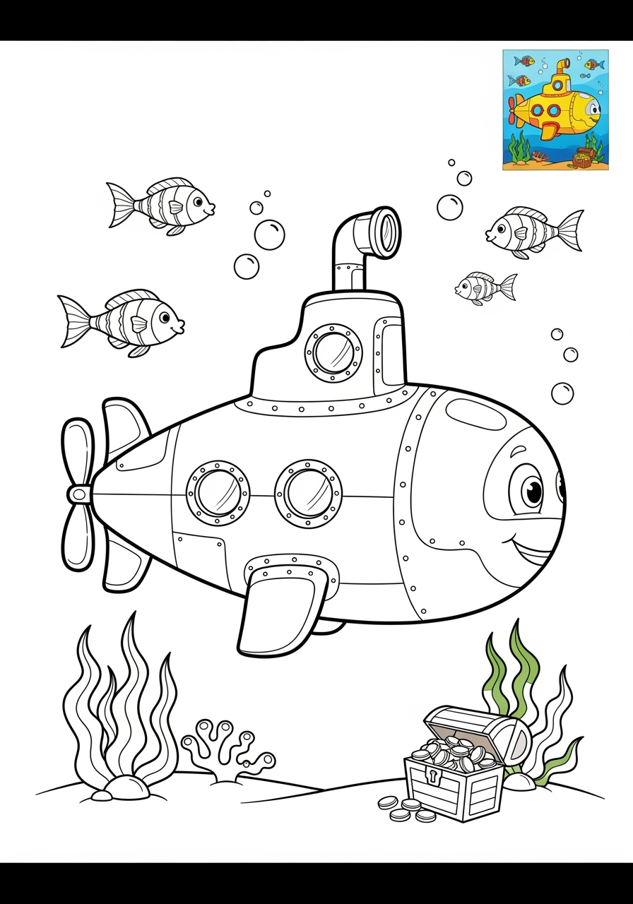 medium underwater and ocean Ocean Scenes submarine kids coloring page 0