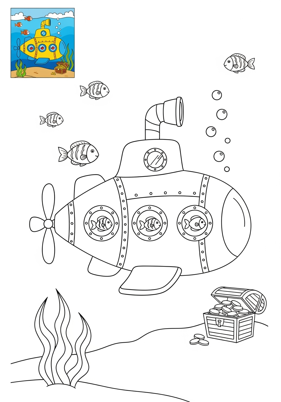 medium underwater and ocean Ocean Scenes submarine kids coloring page 1