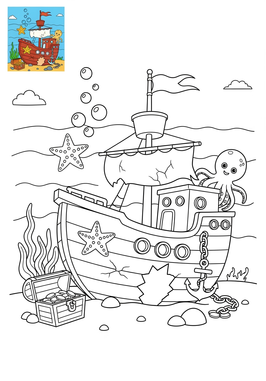 medium underwater and ocean Ocean Scenes sunken ship kids coloring page 0