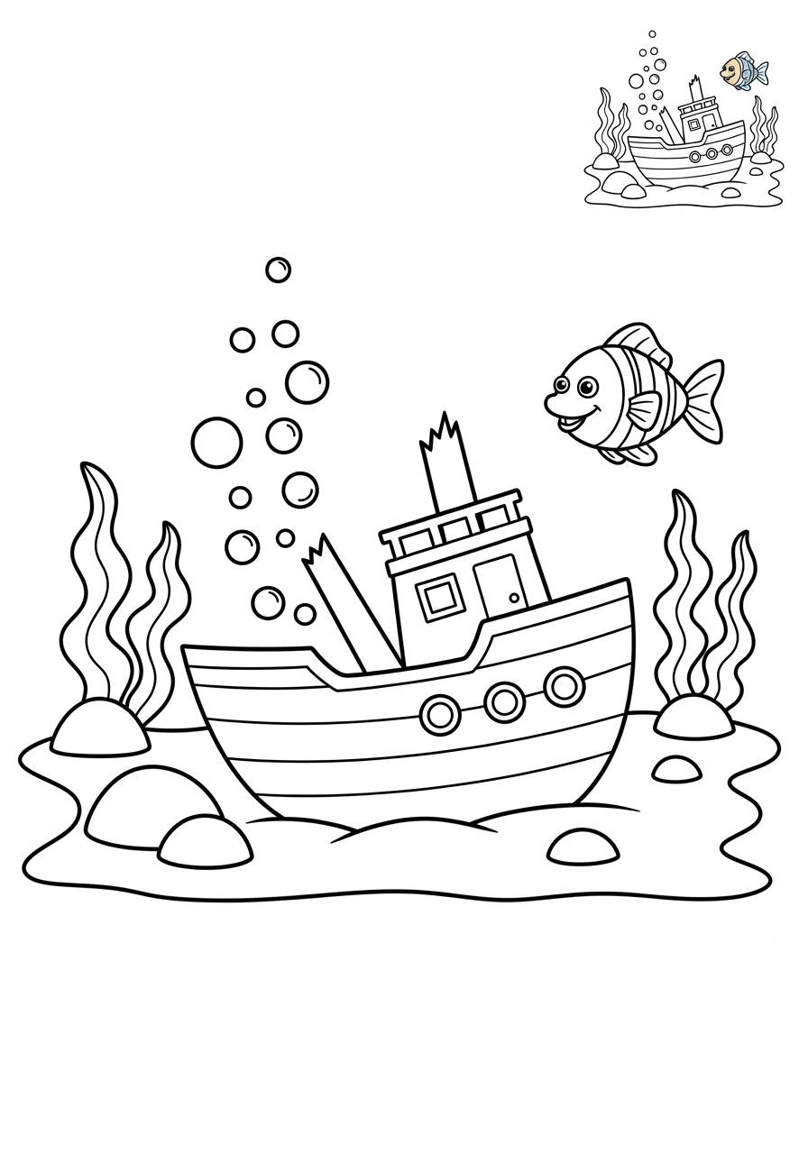 medium underwater and ocean Ocean Scenes sunken ship kids coloring page 1