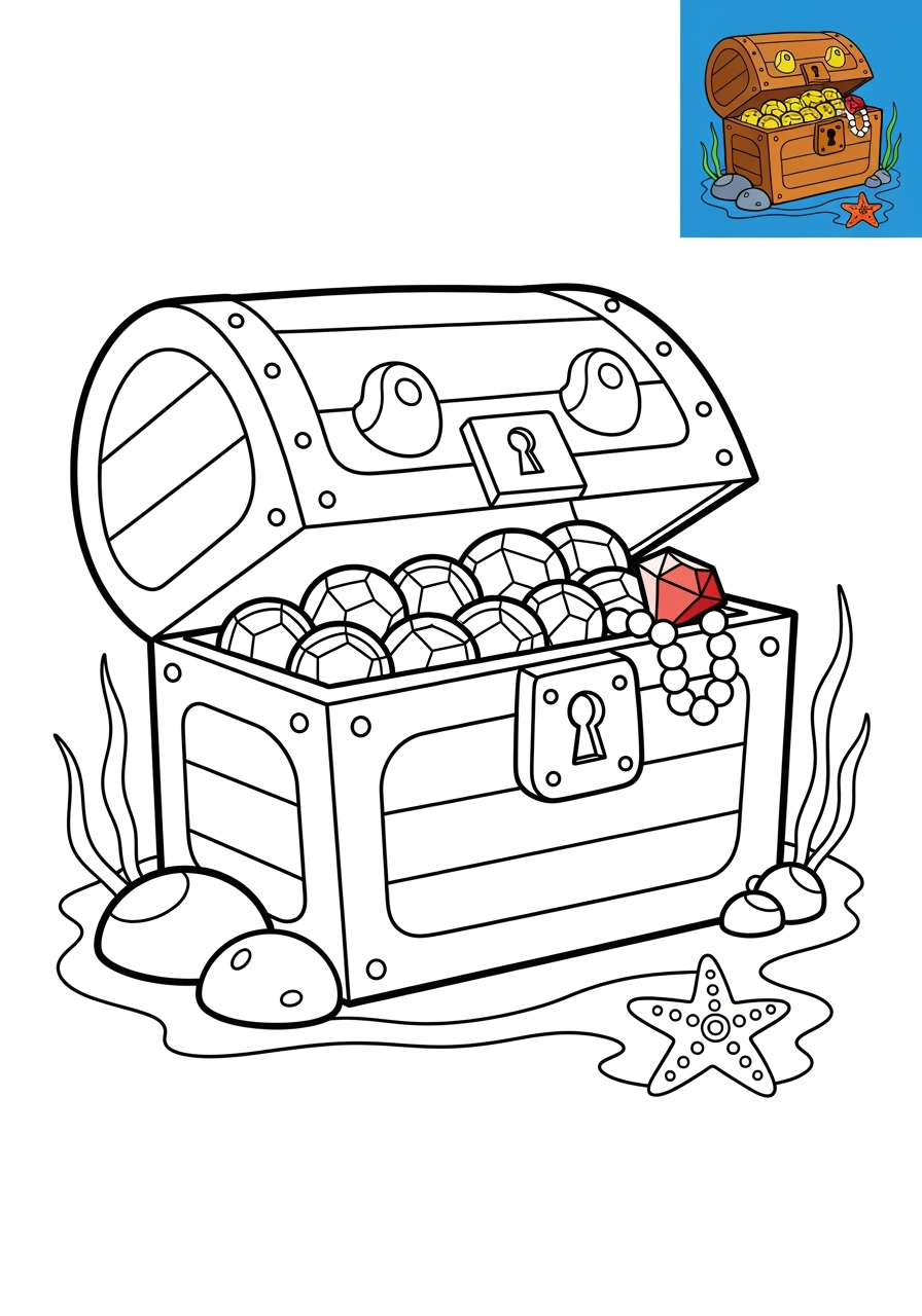 medium underwater and ocean Ocean Scenes treasure chest kids coloring page 1