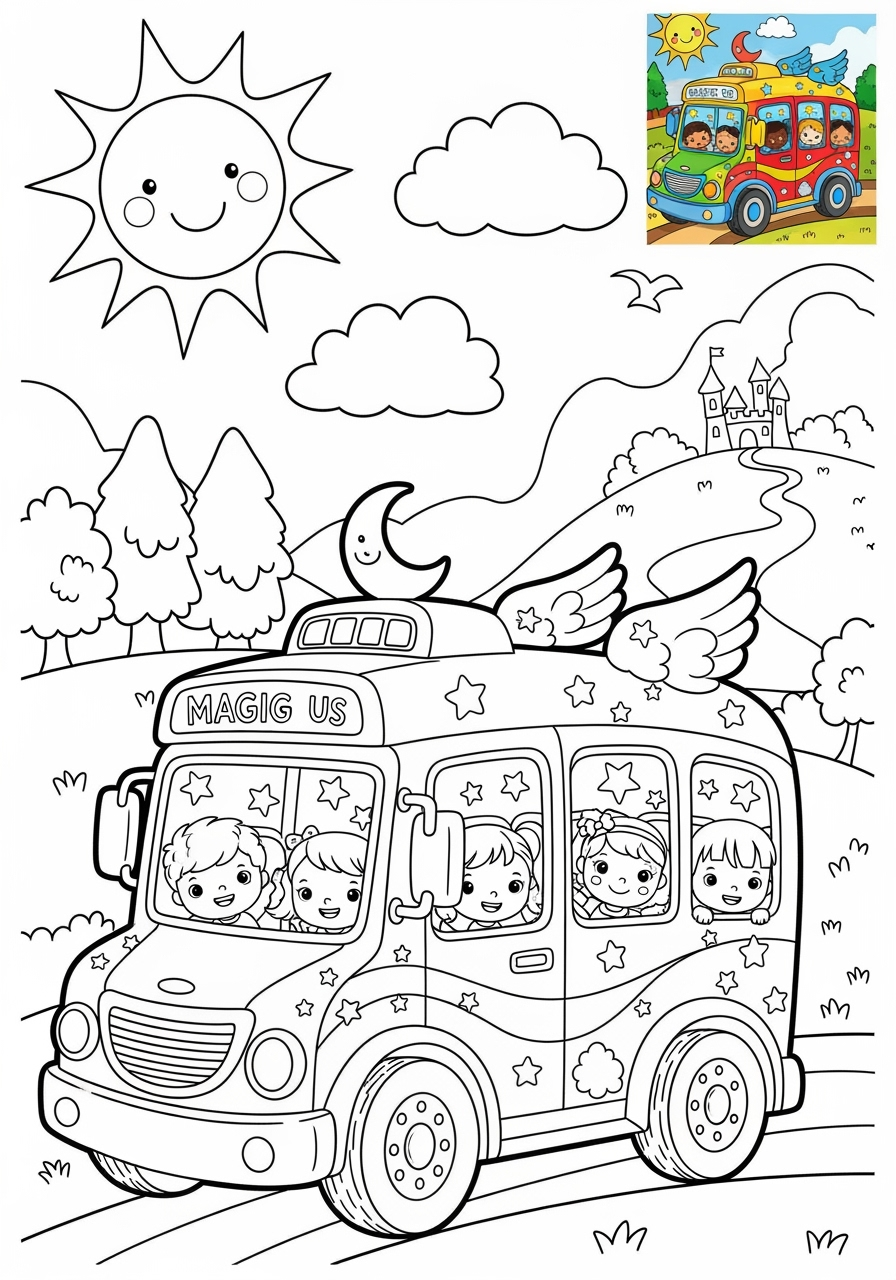 medium vehicles Fantasy Vehicles magic bus kids coloring page 0