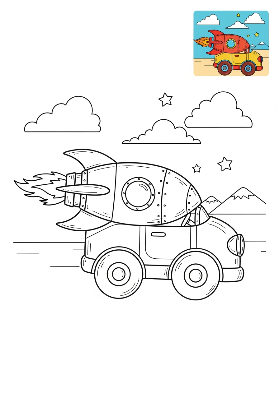 medium vehicles Fantasy Vehicles rocket car kids coloring page 0
