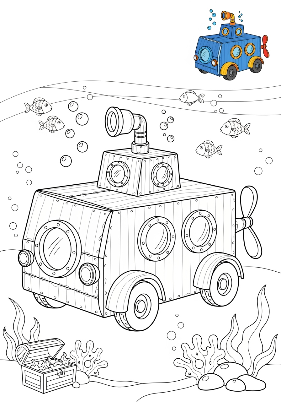 medium vehicles Fantasy Vehicles submarine car kids coloring page 1