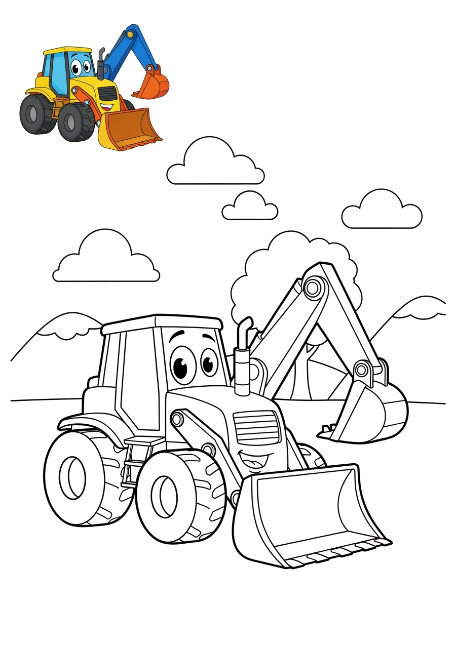 medium vehicles Construction Vehicles backhoe kids coloring page 0