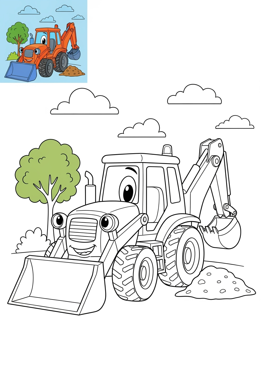 medium vehicles Construction Vehicles backhoe kids coloring page 1