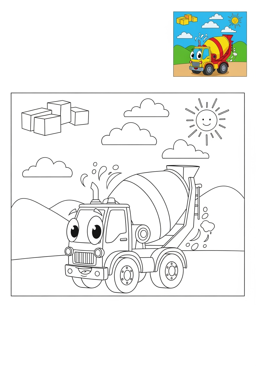 medium vehicles Construction Vehicles cement mixer kids coloring page 0