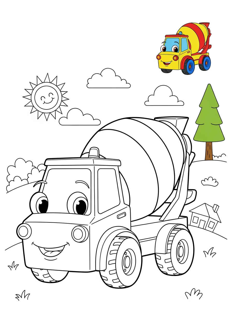 medium vehicles Construction Vehicles cement mixer kids coloring page 1